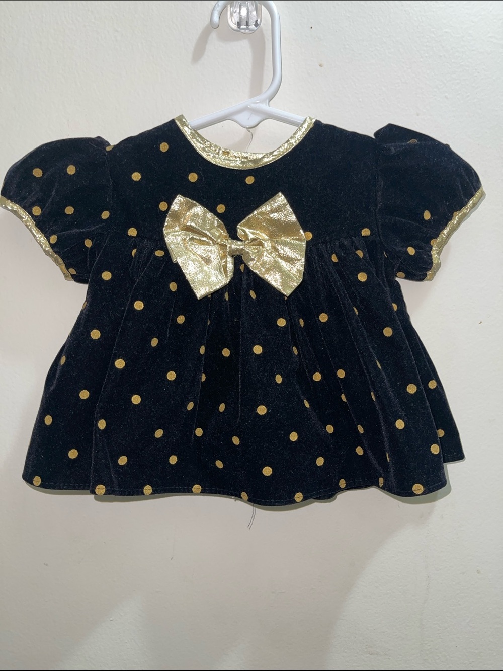 Vintage Black & Gold Polka Dot Baby Dress with Metallic Bow Sz 6M